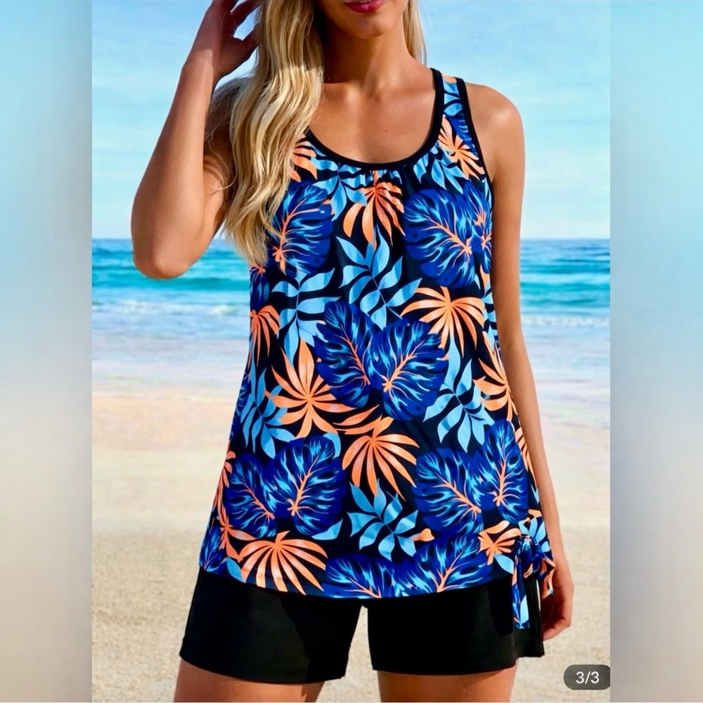 NEW 2 Piece Swim Set, orange blue leaves  #SW-T2-0055